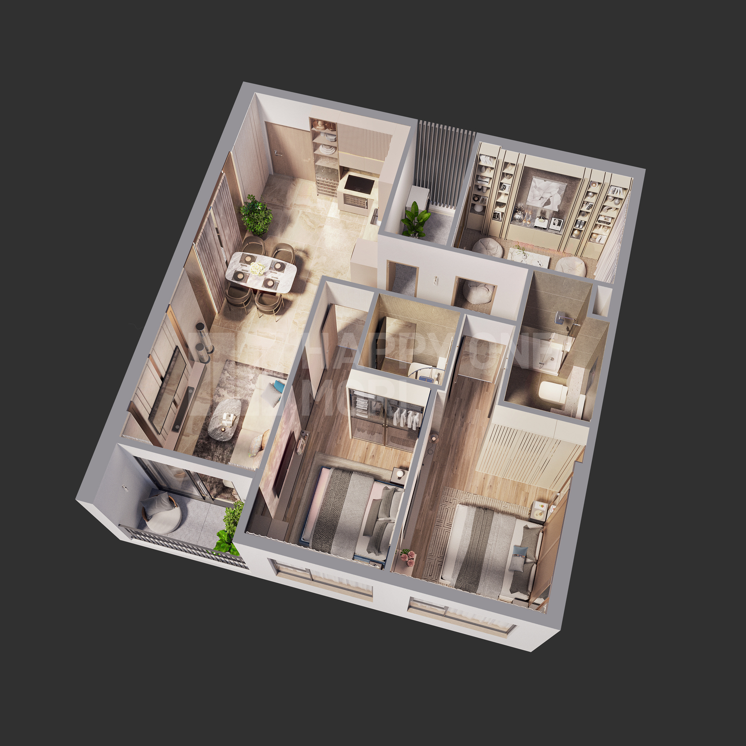 MẶT BẰNG THIẾT KẾ LAYOUT CĂN HỘ 3 PHÒNG NGỦ HAPPY ONE MORI